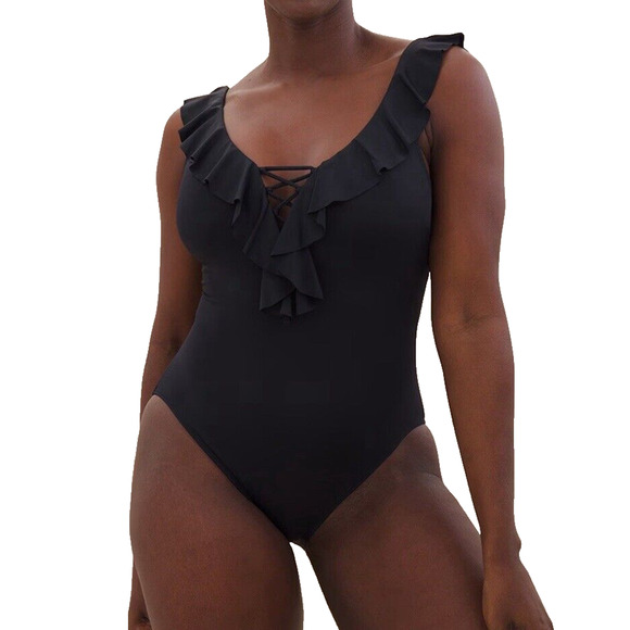 Soma One Pc. Swimsuit Ruffle Lace Up - Black - NWT - Size 16 - Picture 1 of 9